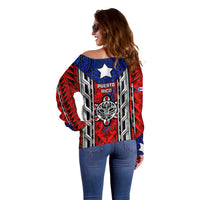 Puerto Rico Off Shoulder Sweater with Tribal Patterns, Flag Emblem, and Taino Symbol Design