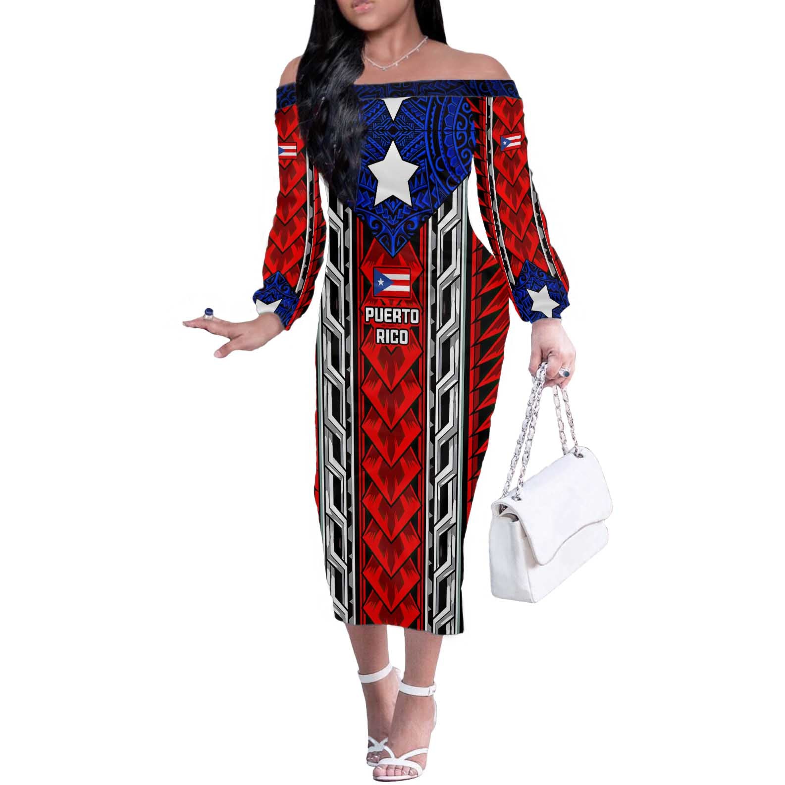 Puerto Rico Off The Shoulder Long Sleeve Dress with Tribal Patterns, Flag Emblem, and Taino Symbol Design