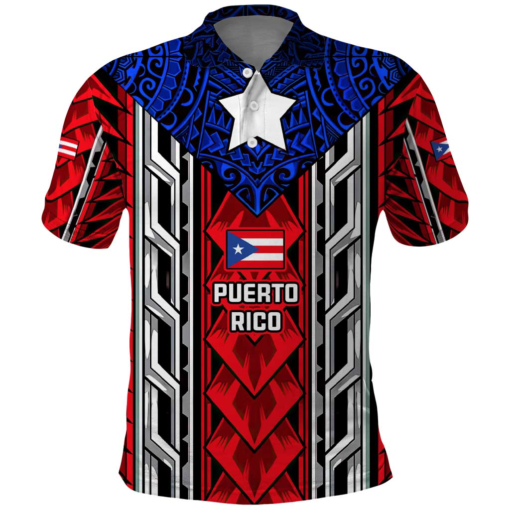 Puerto Rico Polo Shirt with Tribal Patterns, Flag Emblem, and Taino Symbol Design