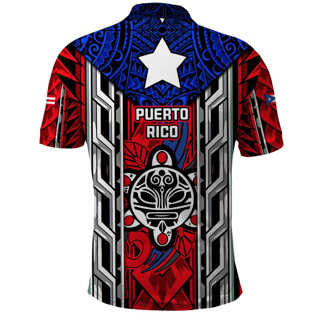 Puerto Rico Polo Shirt with Tribal Patterns, Flag Emblem, and Taino Symbol Design