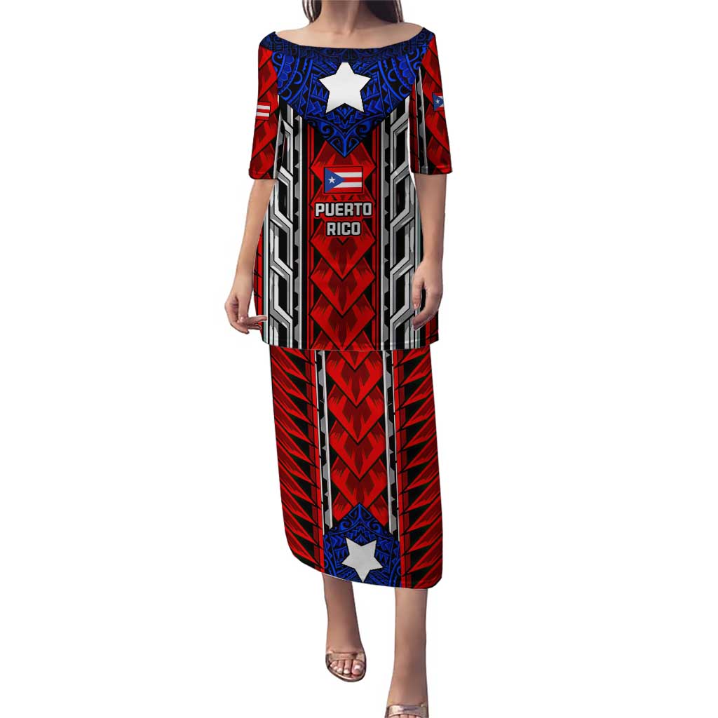 Puerto Rico Puletasi with Tribal Patterns, Flag Emblem, and Taino Symbol Design