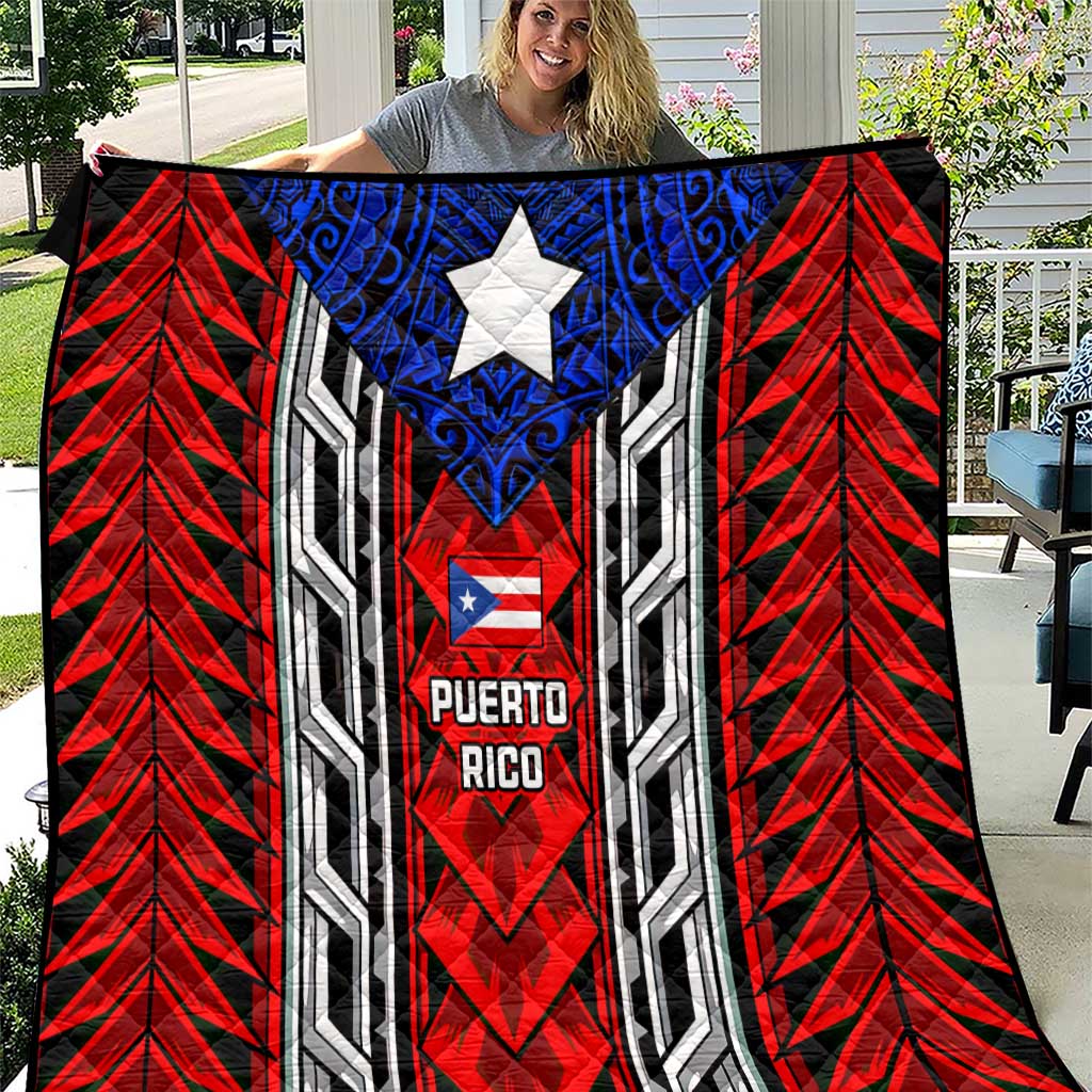 Puerto Rico Quilt with Tribal Patterns, Flag Emblem, and Taino Symbol Design