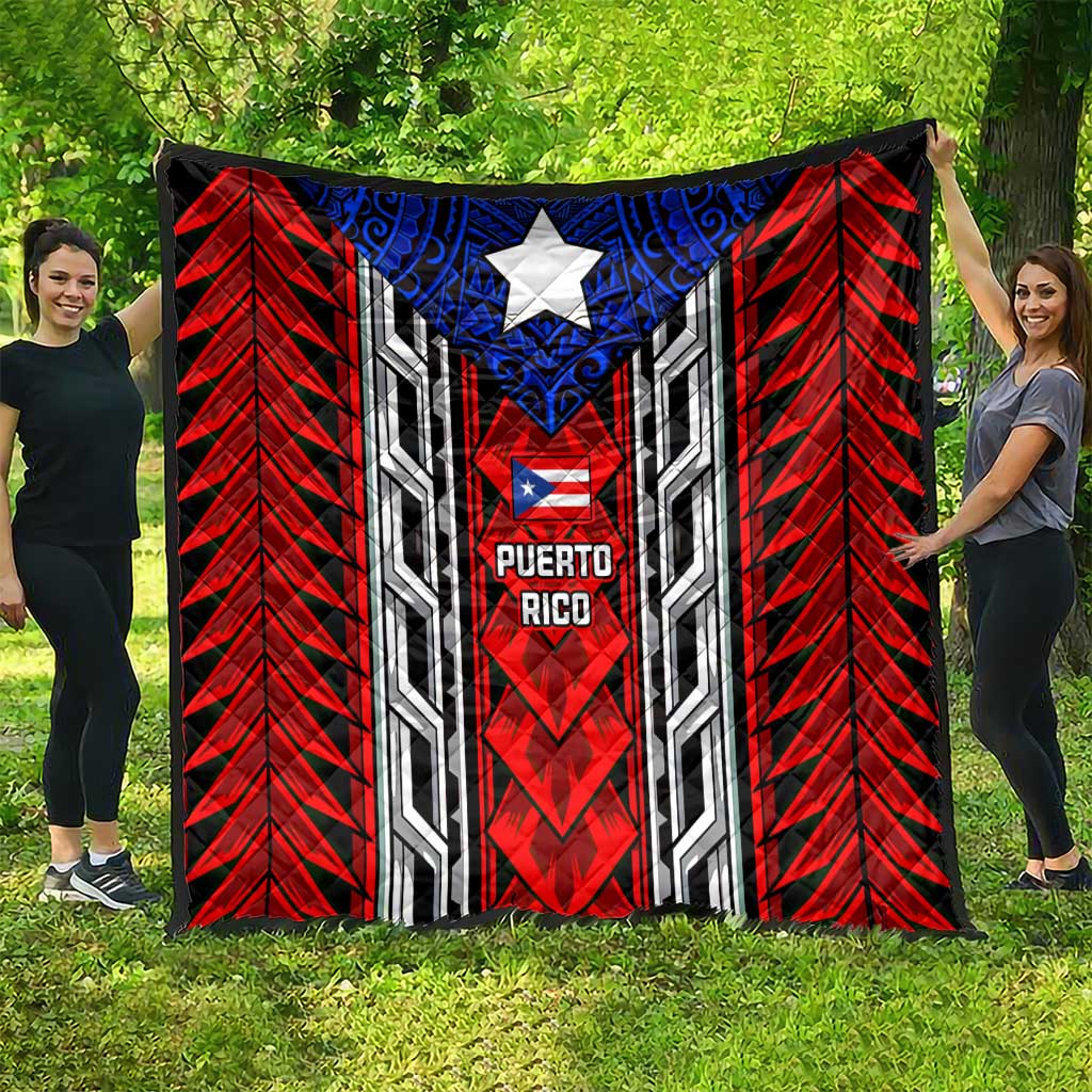 Puerto Rico Quilt with Tribal Patterns, Flag Emblem, and Taino Symbol Design