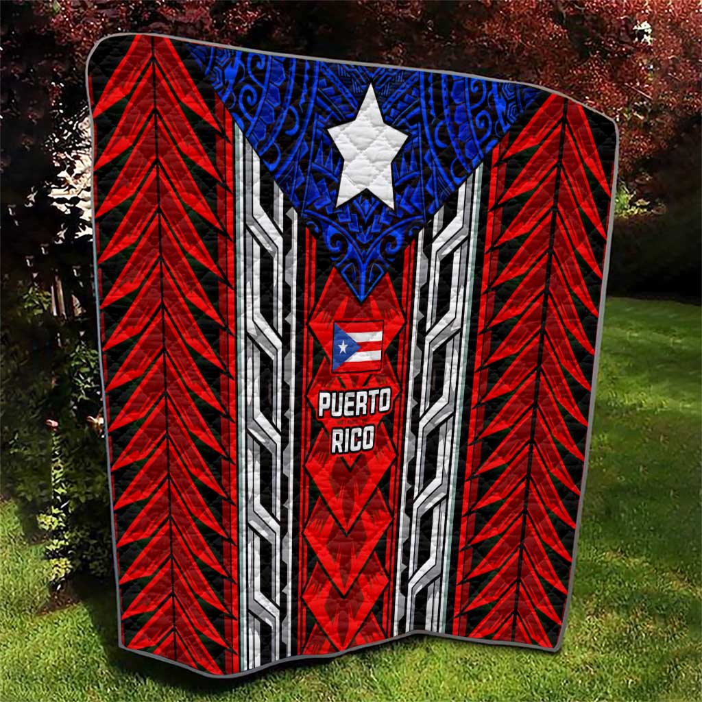 Puerto Rico Quilt with Tribal Patterns, Flag Emblem, and Taino Symbol Design