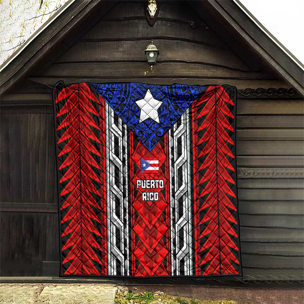 Puerto Rico Quilt with Tribal Patterns, Flag Emblem, and Taino Symbol Design