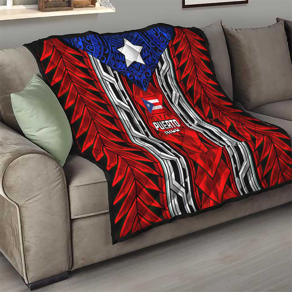 Puerto Rico Quilt with Tribal Patterns, Flag Emblem, and Taino Symbol Design