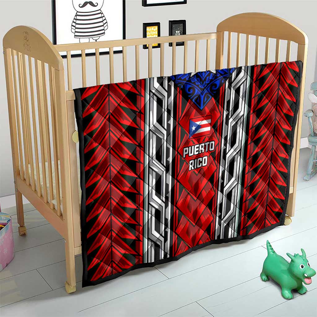 Puerto Rico Quilt with Tribal Patterns, Flag Emblem, and Taino Symbol Design