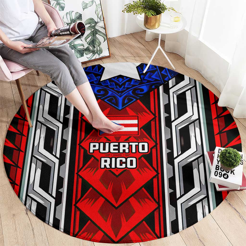 Puerto Rico Round Carpet with Tribal Patterns, Flag Emblem, and Taino Symbol Design