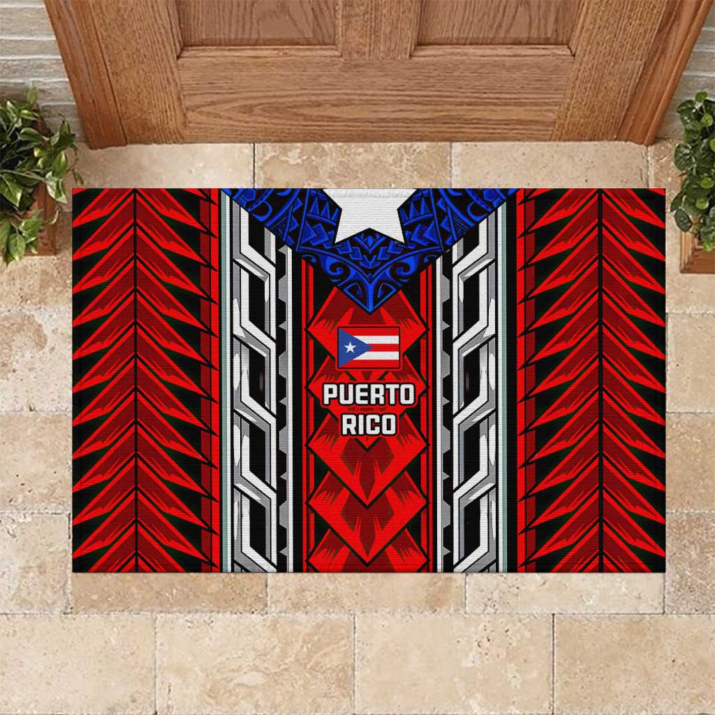Puerto Rico Rubber Doormat with Tribal Patterns, Flag Emblem, and Taino Symbol Design