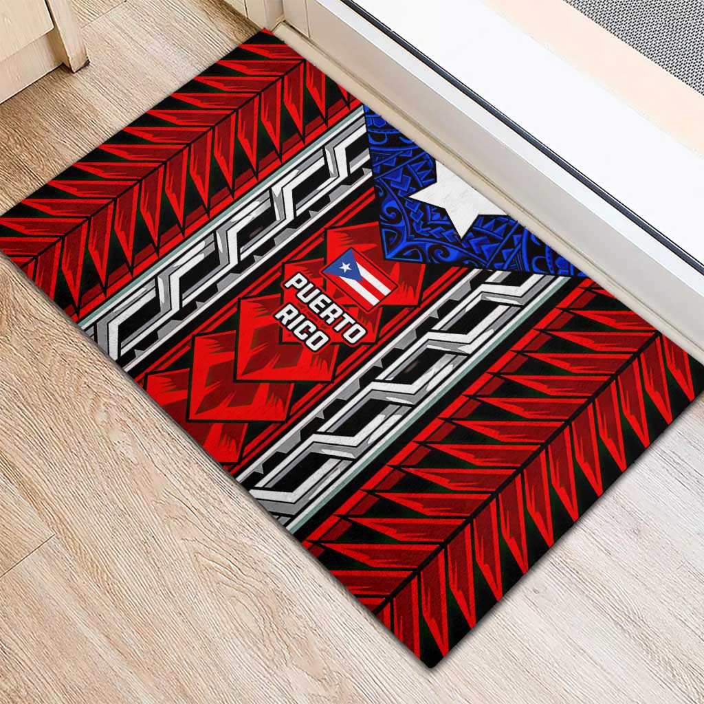 Puerto Rico Rubber Doormat with Tribal Patterns, Flag Emblem, and Taino Symbol Design