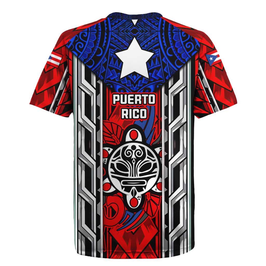 Puerto Rico Rugby Jersey with Tribal Patterns, Flag Emblem, and Taino Symbol Design