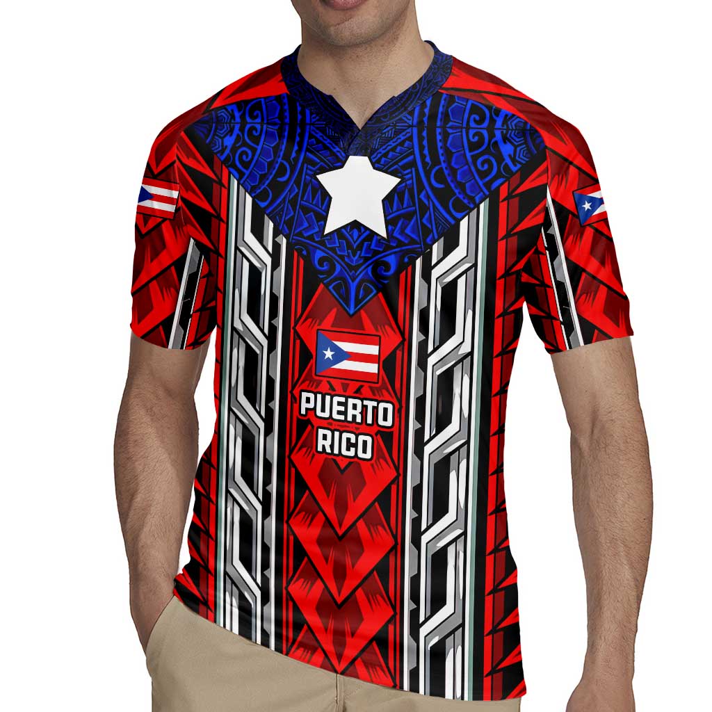 Puerto Rico Rugby Jersey with Tribal Patterns, Flag Emblem, and Taino Symbol Design