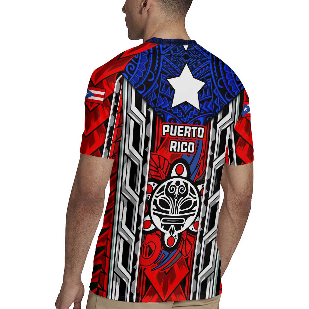 Puerto Rico Rugby Jersey with Tribal Patterns, Flag Emblem, and Taino Symbol Design