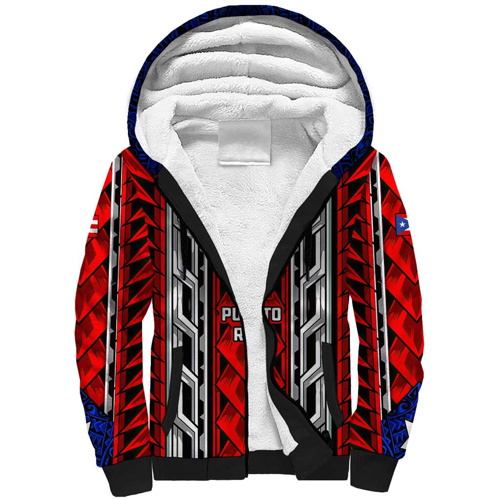 Puerto Rico Sherpa Hoodie with Tribal Patterns, Flag Emblem, and Taino Symbol Design