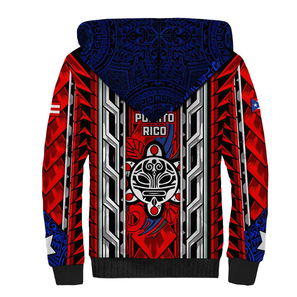 Puerto Rico Sherpa Hoodie with Tribal Patterns, Flag Emblem, and Taino Symbol Design