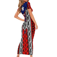 Puerto Rico Short Sleeve Bodycon Dress with Tribal Patterns, Flag Emblem, and Taino Symbol Design