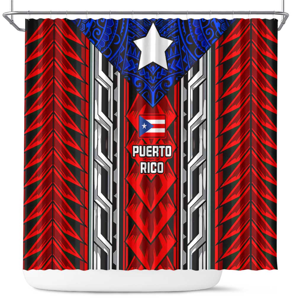 Puerto Rico Shower Curtain with Tribal Patterns, Flag Emblem, and Taino Symbol Design