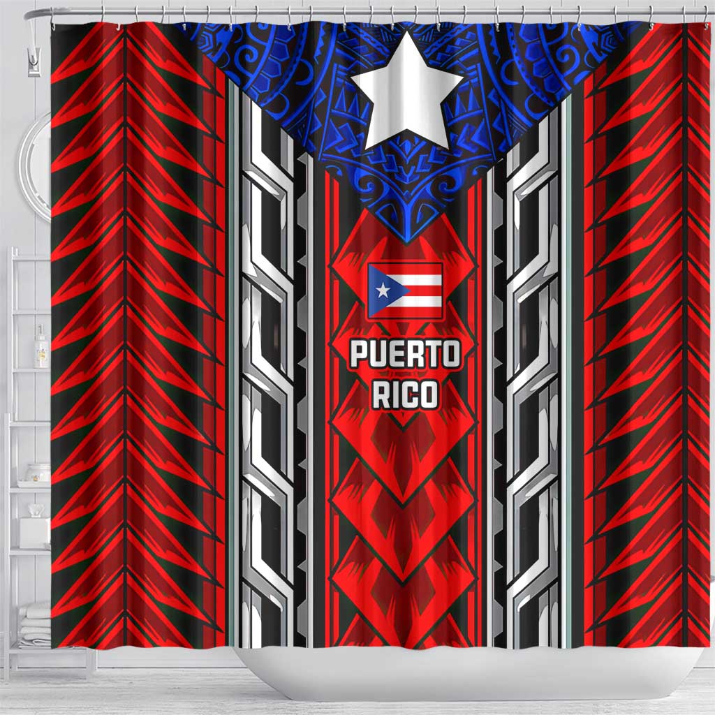 Puerto Rico Shower Curtain with Tribal Patterns, Flag Emblem, and Taino Symbol Design
