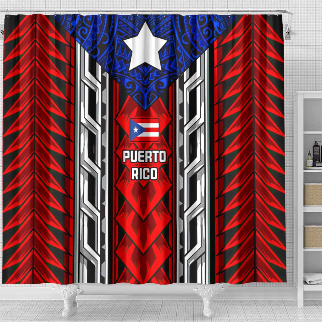 Puerto Rico Shower Curtain with Tribal Patterns, Flag Emblem, and Taino Symbol Design