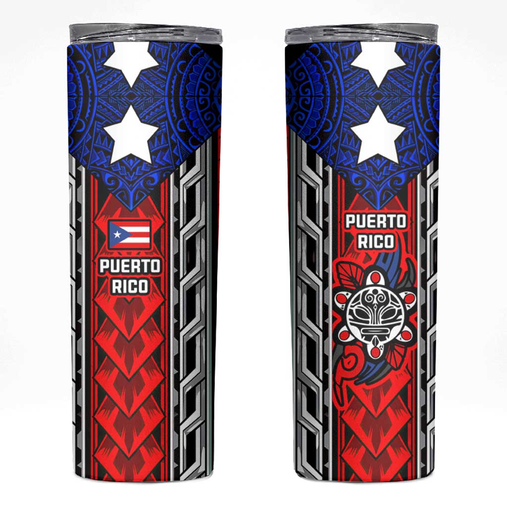 Puerto Rico Skinny Tumbler with Tribal Patterns, Flag Emblem, and Taino Symbol Design