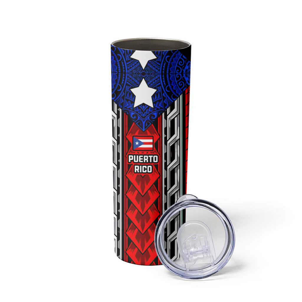 Puerto Rico Skinny Tumbler with Tribal Patterns, Flag Emblem, and Taino Symbol Design