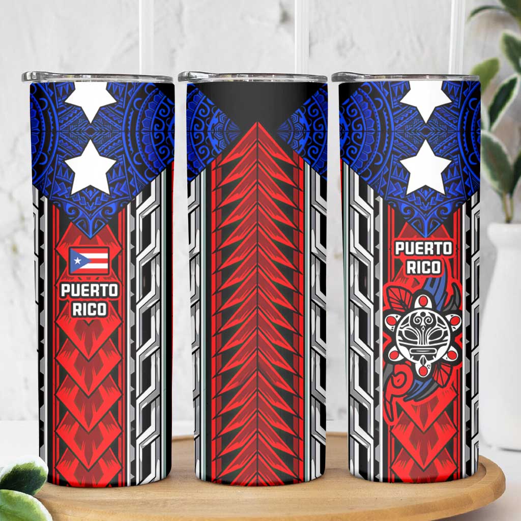 Puerto Rico Skinny Tumbler with Tribal Patterns, Flag Emblem, and Taino Symbol Design