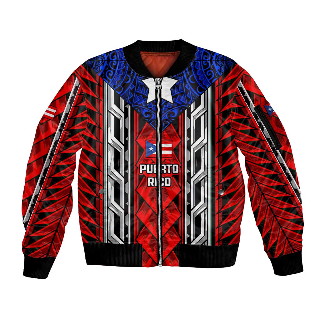 Puerto Rico Sleeve Zip Bomber Jacket with Tribal Patterns, Flag Emblem, and Taino Symbol Design