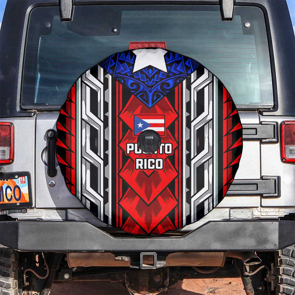 Puerto Rico Spare Tire Cover with Tribal Patterns, Flag Emblem, and Taino Symbol Design