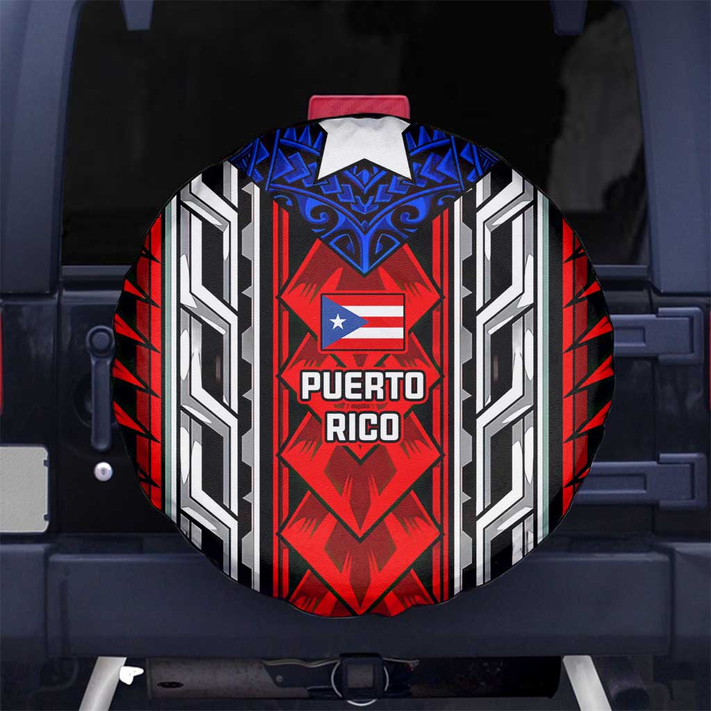 Puerto Rico Spare Tire Cover with Tribal Patterns, Flag Emblem, and Taino Symbol Design