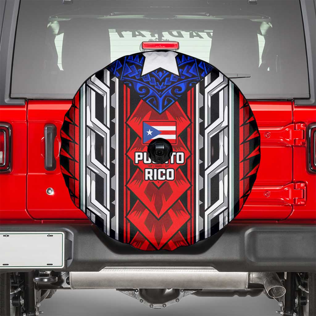 Puerto Rico Spare Tire Cover with Tribal Patterns, Flag Emblem, and Taino Symbol Design
