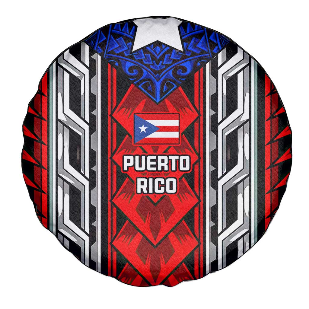 Puerto Rico Spare Tire Cover with Tribal Patterns, Flag Emblem, and Taino Symbol Design