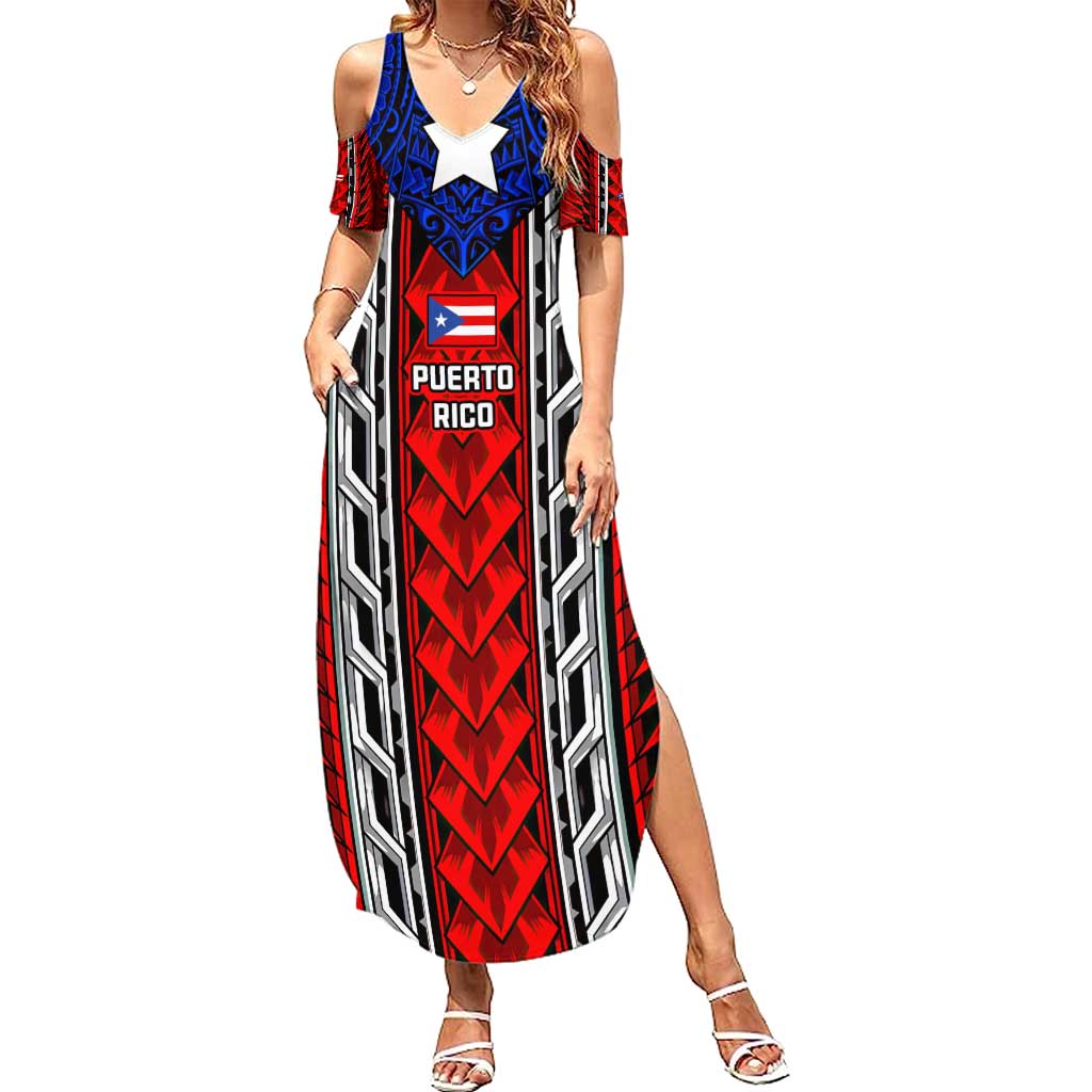 Puerto Rico Summer Maxi Dress with Tribal Patterns, Flag Emblem, and Taino Symbol Design