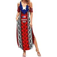 Puerto Rico Summer Maxi Dress with Tribal Patterns, Flag Emblem, and Taino Symbol Design