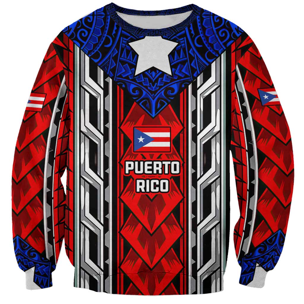 Puerto Rico Sweatshirt with Tribal Patterns, Flag Emblem, and Taino Symbol Design