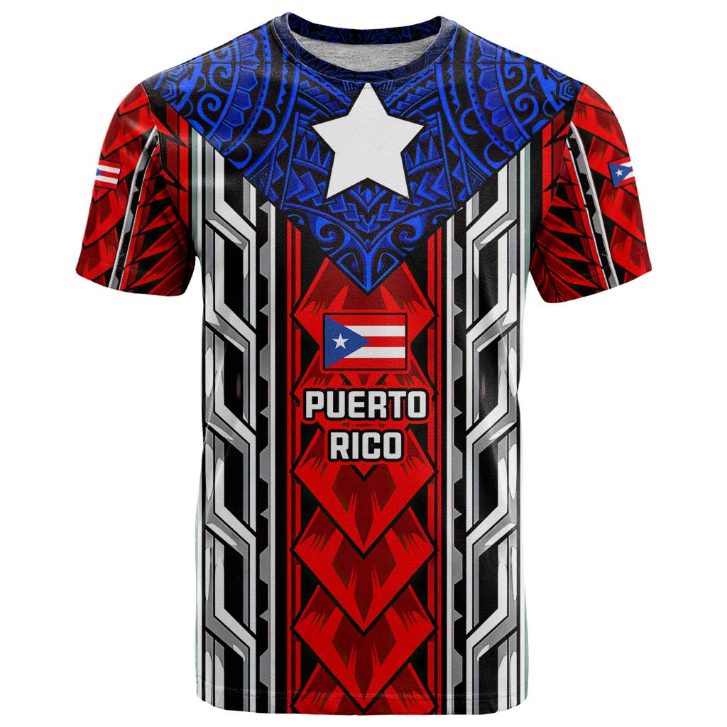 Puerto Rico T Shirt with Tribal Patterns, Flag Emblem, and Taino Symbol Design