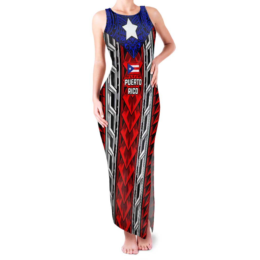 Puerto Rico Tank Maxi Dress with Tribal Patterns, Flag Emblem, and Taino Symbol Design