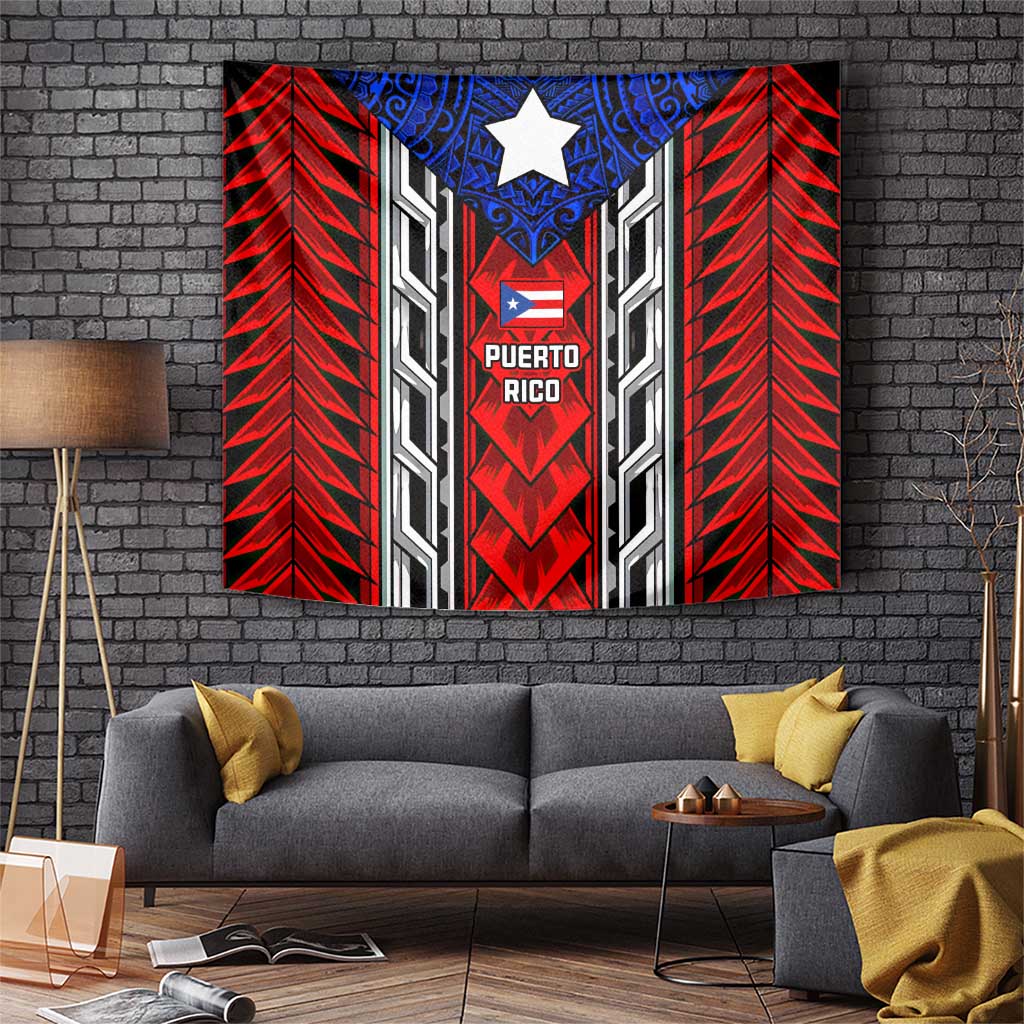 Puerto Rico Tapestry with Tribal Patterns, Flag Emblem, and Taino Symbol Design
