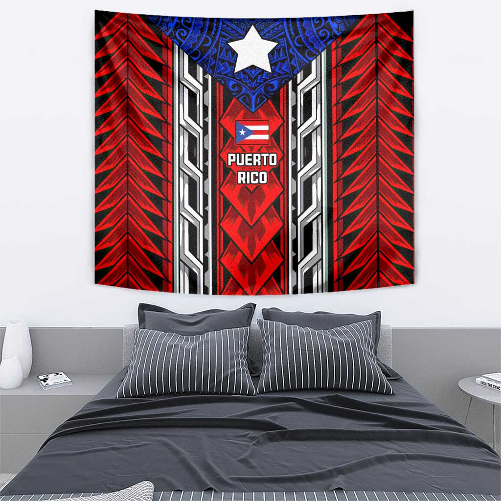 Puerto Rico Tapestry with Tribal Patterns, Flag Emblem, and Taino Symbol Design