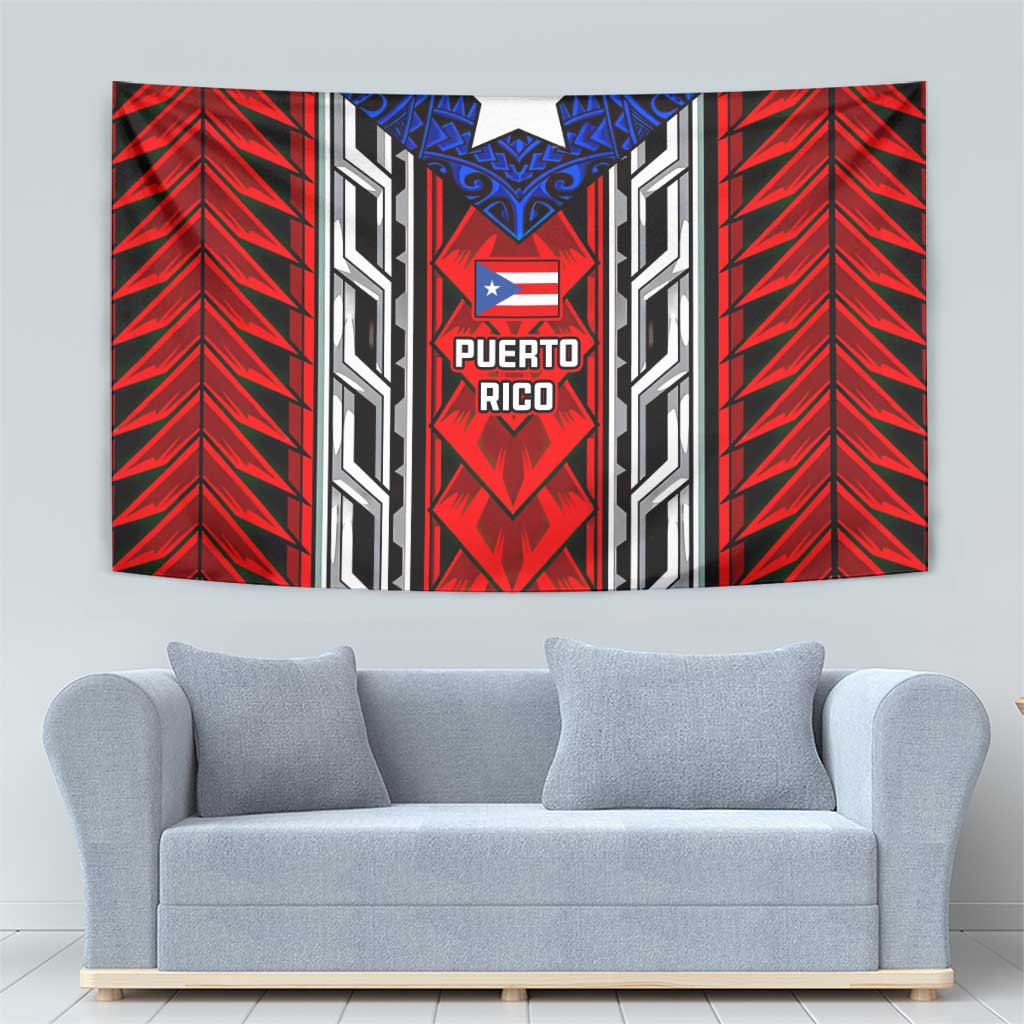 Puerto Rico Tapestry with Tribal Patterns, Flag Emblem, and Taino Symbol Design
