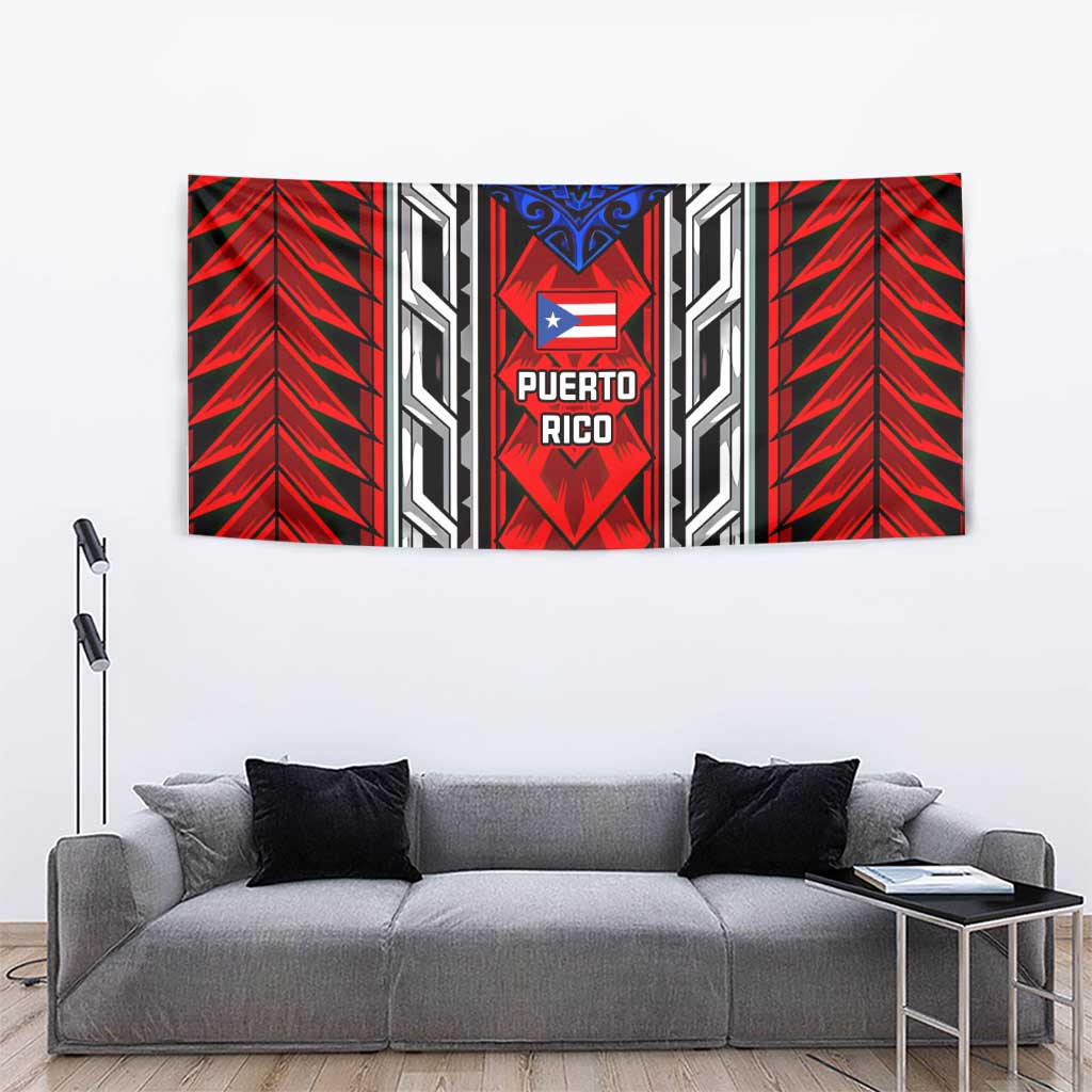Puerto Rico Tapestry with Tribal Patterns, Flag Emblem, and Taino Symbol Design