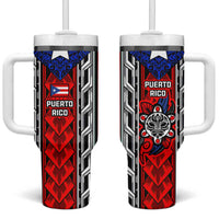 Puerto Rico Tumbler With Handle with Tribal Patterns, Flag Emblem, and Taino Symbol Design