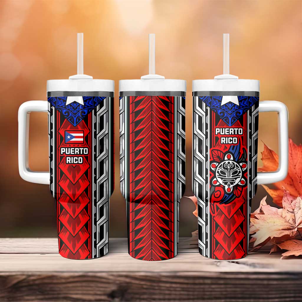 Puerto Rico Tumbler With Handle with Tribal Patterns, Flag Emblem, and Taino Symbol Design