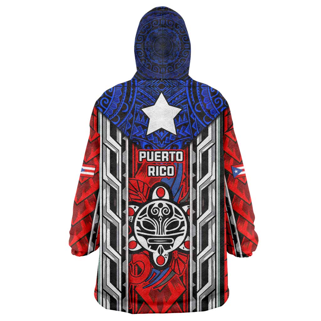 Puerto Rico Wearable Blanket Hoodie with Tribal Patterns, Flag Emblem, and Taino Symbol Design