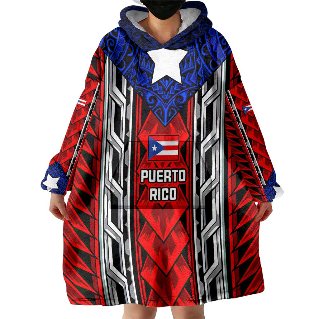 Puerto Rico Wearable Blanket Hoodie with Tribal Patterns, Flag Emblem, and Taino Symbol Design