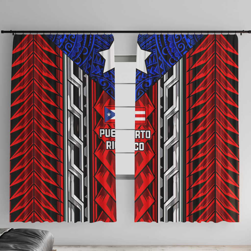 Puerto Rico Window Curtain with Tribal Patterns, Flag Emblem, and Taino Symbol Design