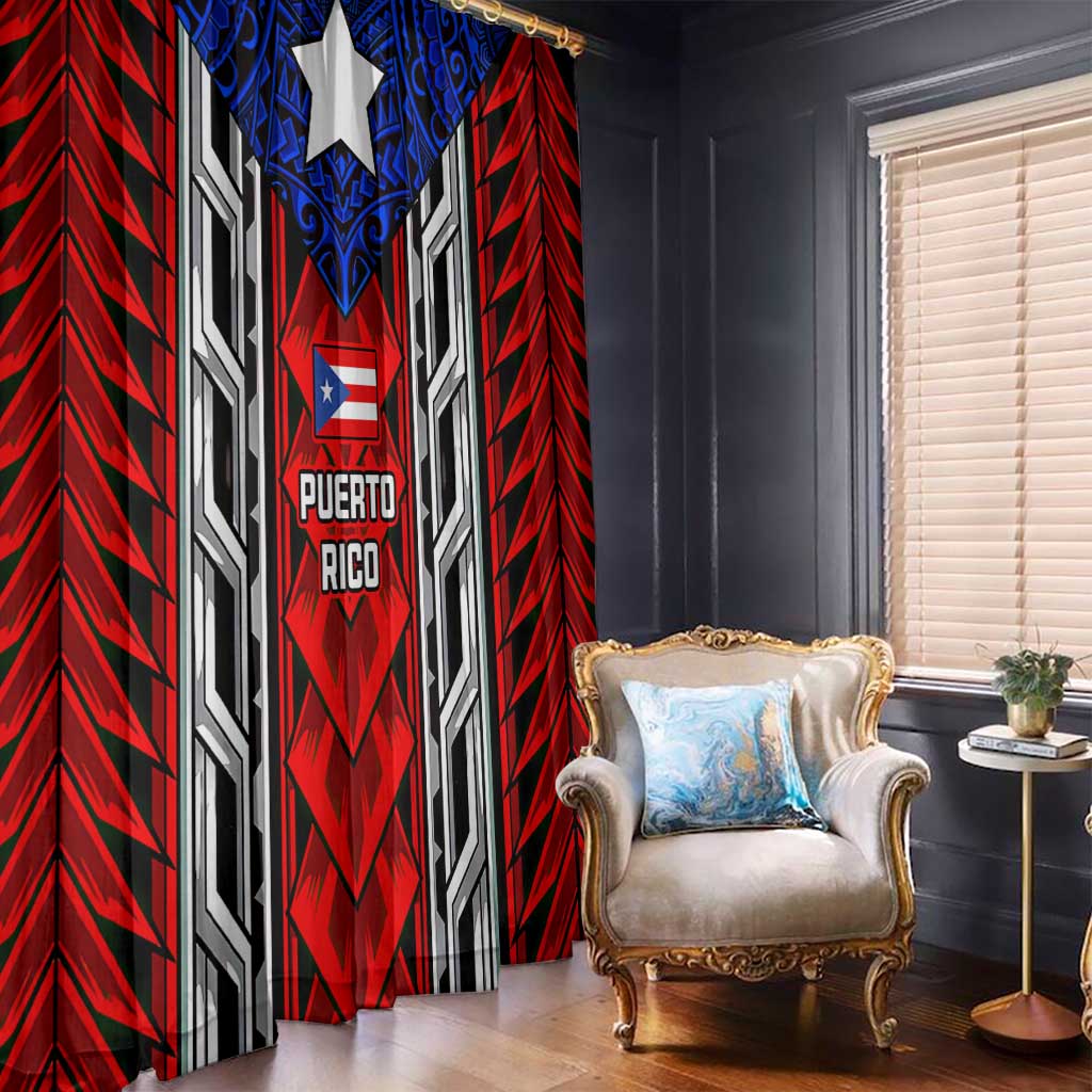 Puerto Rico Window Curtain with Tribal Patterns, Flag Emblem, and Taino Symbol Design