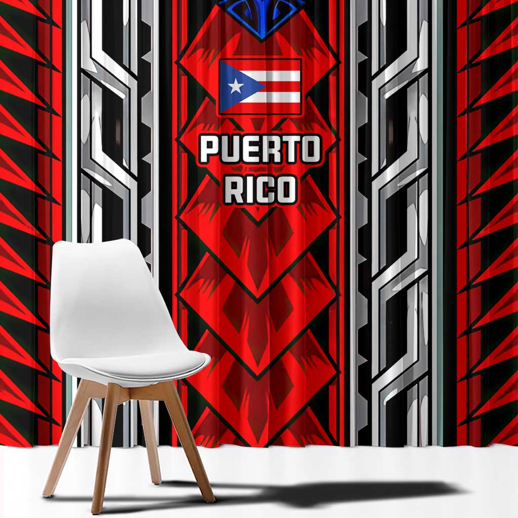 Puerto Rico Window Curtain with Tribal Patterns, Flag Emblem, and Taino Symbol Design