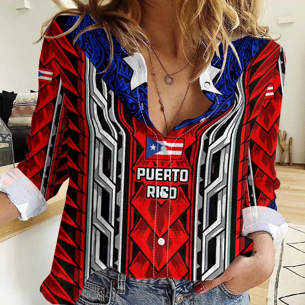 Puerto Rico Women Casual Shirt with Tribal Patterns, Flag Emblem, and Taino Symbol Design