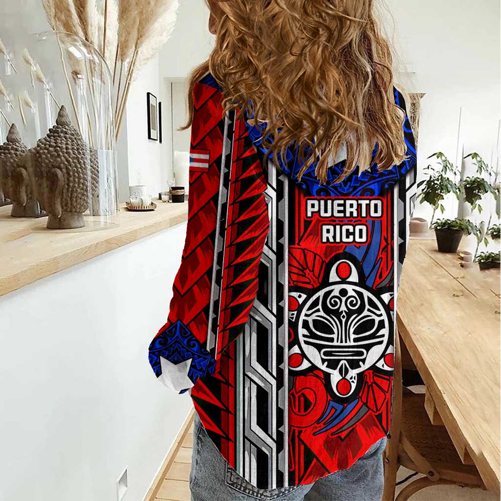 Puerto Rico Women Casual Shirt with Tribal Patterns, Flag Emblem, and Taino Symbol Design
