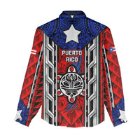 Puerto Rico Women Casual Shirt with Tribal Patterns, Flag Emblem, and Taino Symbol Design
